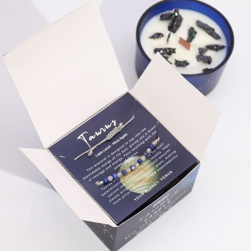 Zodiac Crystal Candle with Gemstone Bracelet – Taurus – Mint – Holistic Wellbeing – Crystal Cove