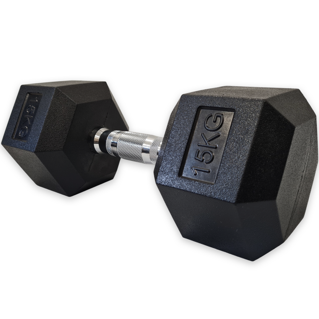 SuperStrong Rubber Hex Dumbbells (2.5kg – 40kg) – Super Strong Fitness 15kg – Sold Individually – SuperStrong Fitness