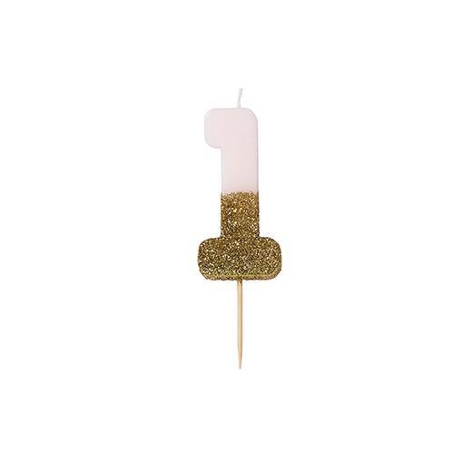 Talking Tables – Pink Glitter Dipped Candle – Number 1 – White / Gold – Party Supplies