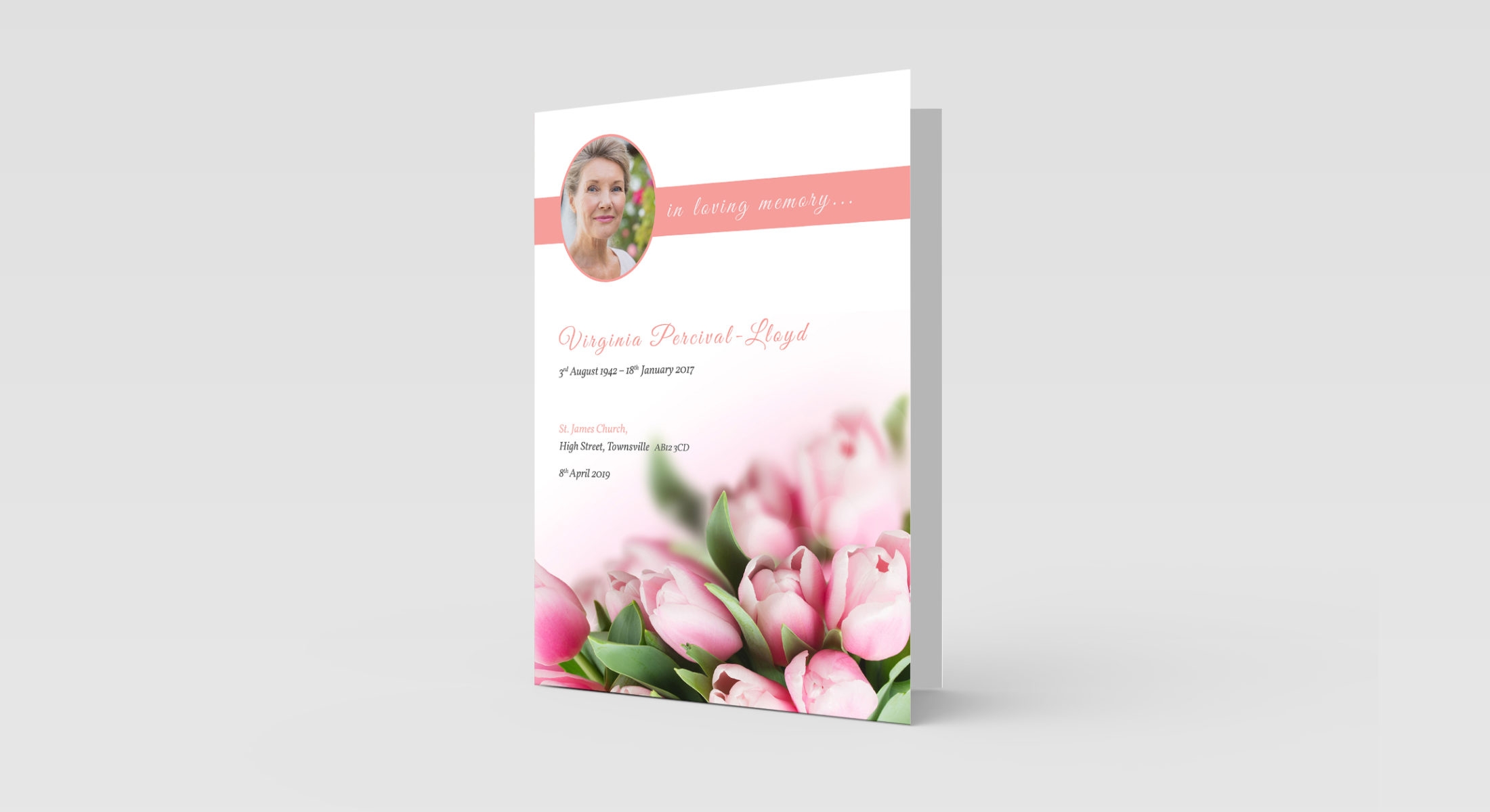 Funeral Order Of Service – Pink Flowers with Oval Photo Personalised Design – High Quality Print – Heavy 300g Card – Qty (10x) – Memorial Booklet