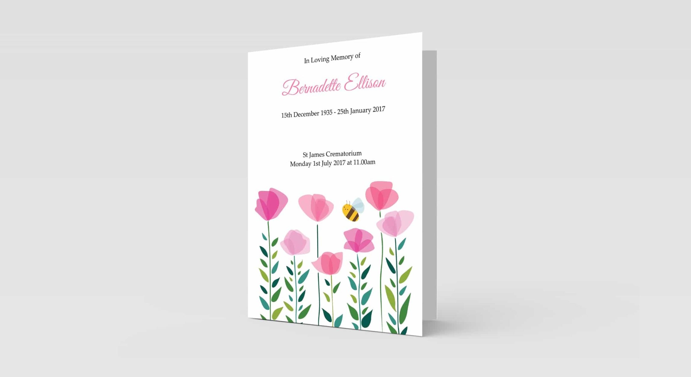 Funeral Order Of Service – Pink Flowers & Bee Personalised Design – High Quality Print – Heavy 300g Card – Qty (10x) – Memorial Booklet