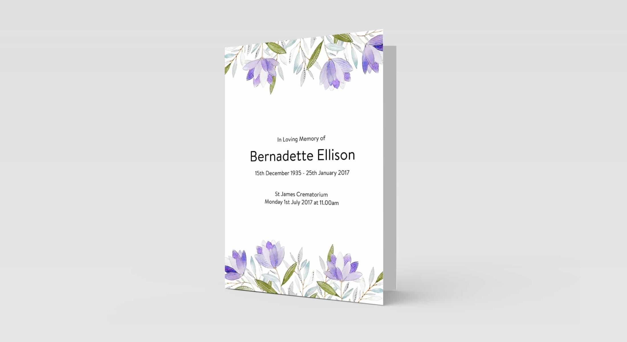 Funeral Order Of Service – Hand Painted Purple Flowers Personalised Design – High Quality Print – Heavy 300g Card – Qty (10x) – Memorial Booklet