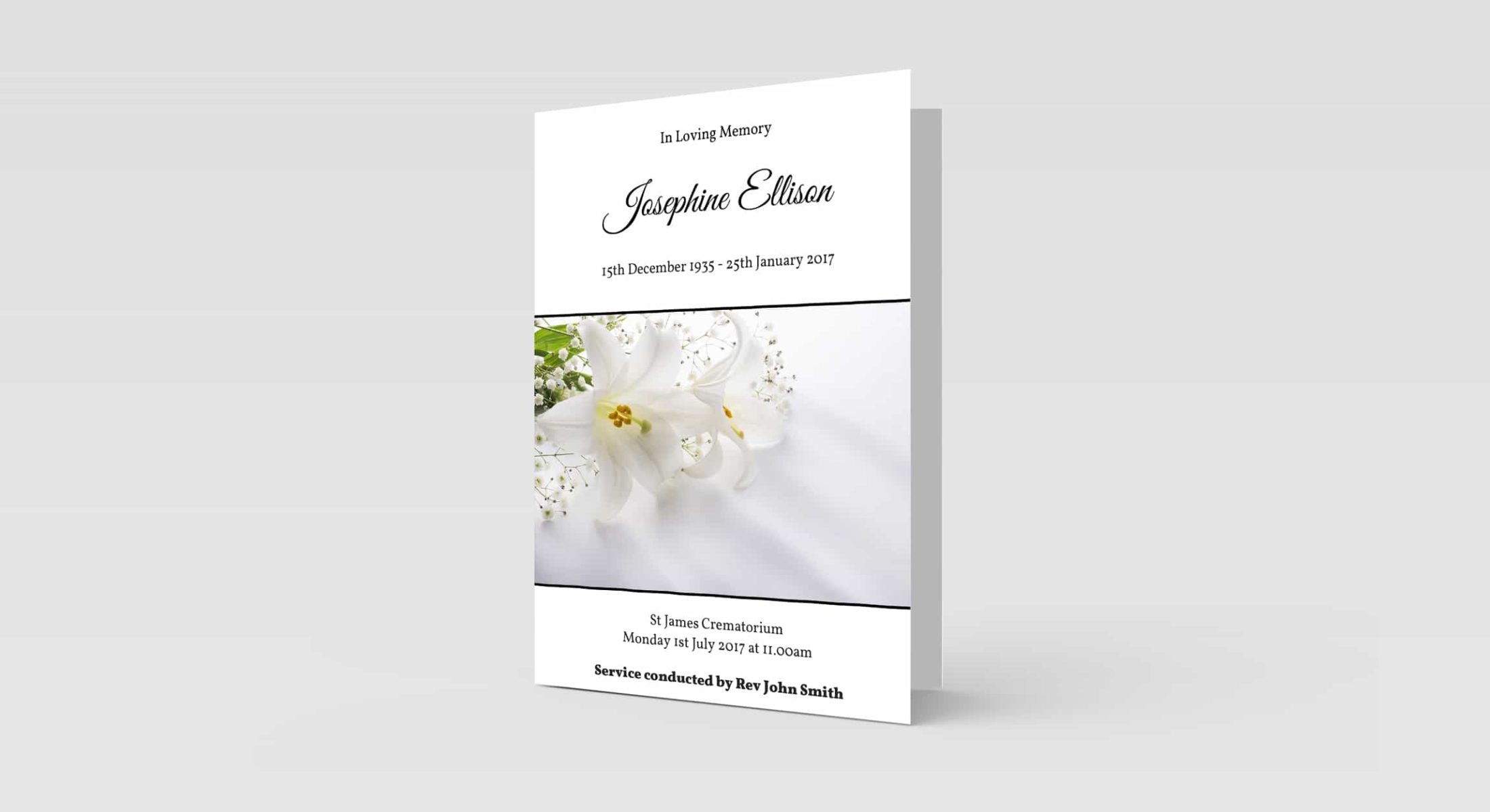 Funeral Order Of Service – White Lilies Photo Personalised Design – High Quality Print – Heavy 300g Card – Qty (10x) – Memorial Booklet