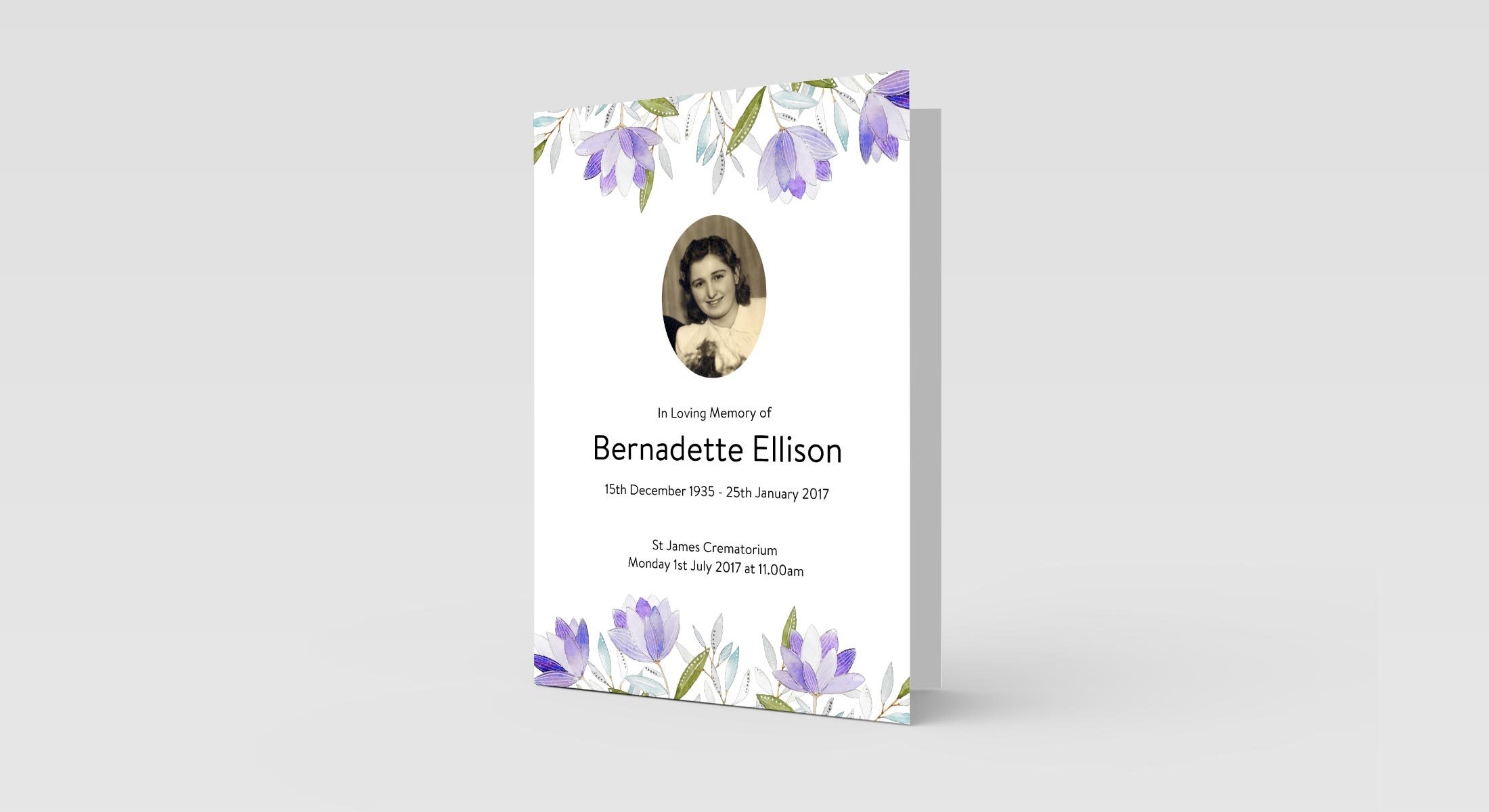 Funeral Order Of Service – Hand Painted Purple Flowers & Photo Personalised Design – Quality Print – Heavy 300g Card – Qty (10x) – Memorial Booklet