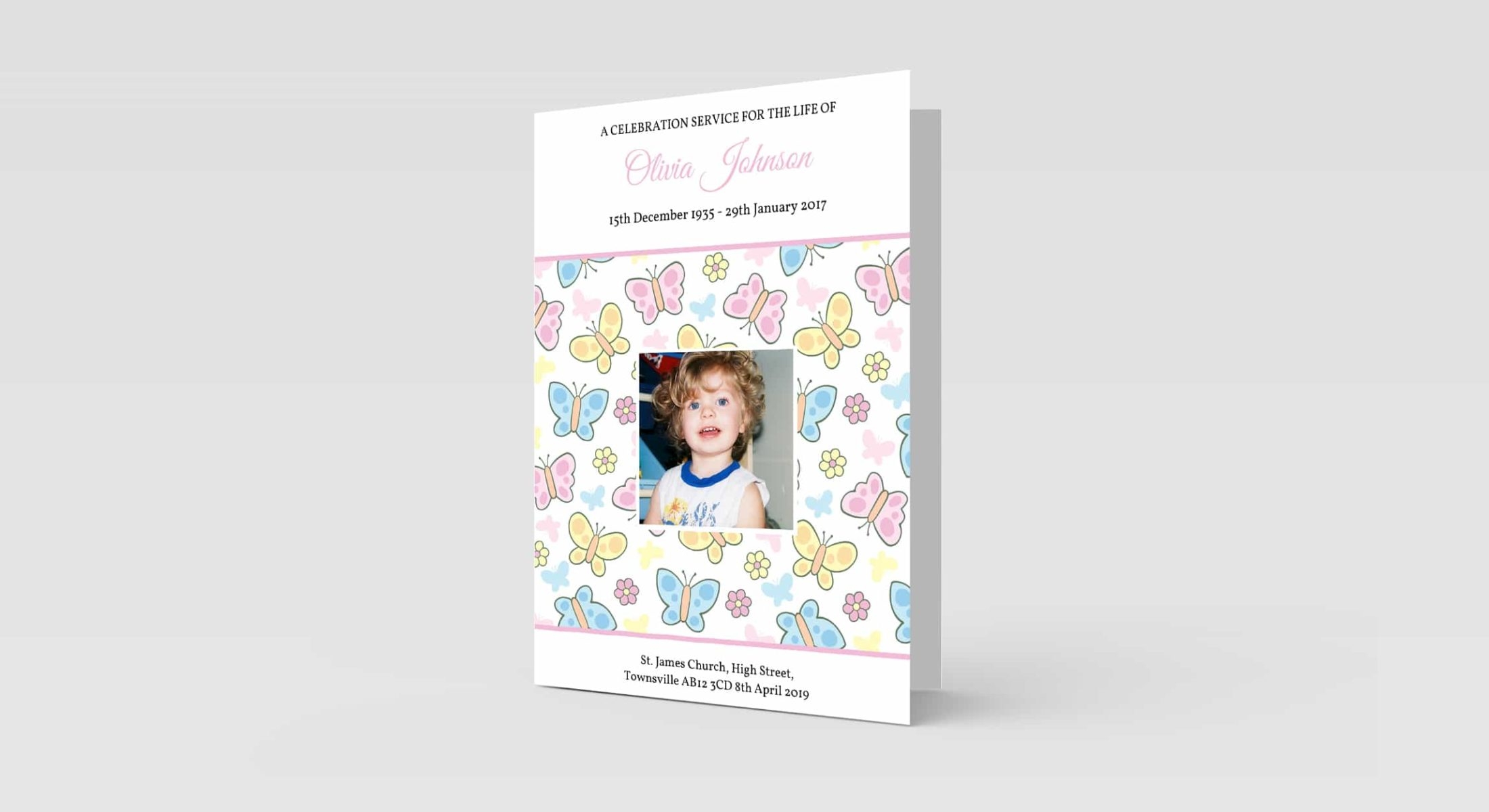Funeral Order Of Service – Childrens Butterfly Pattern Personalised Design – High Quality Print – Heavy 300g Card – Qty (10x) – Memorial Booklet