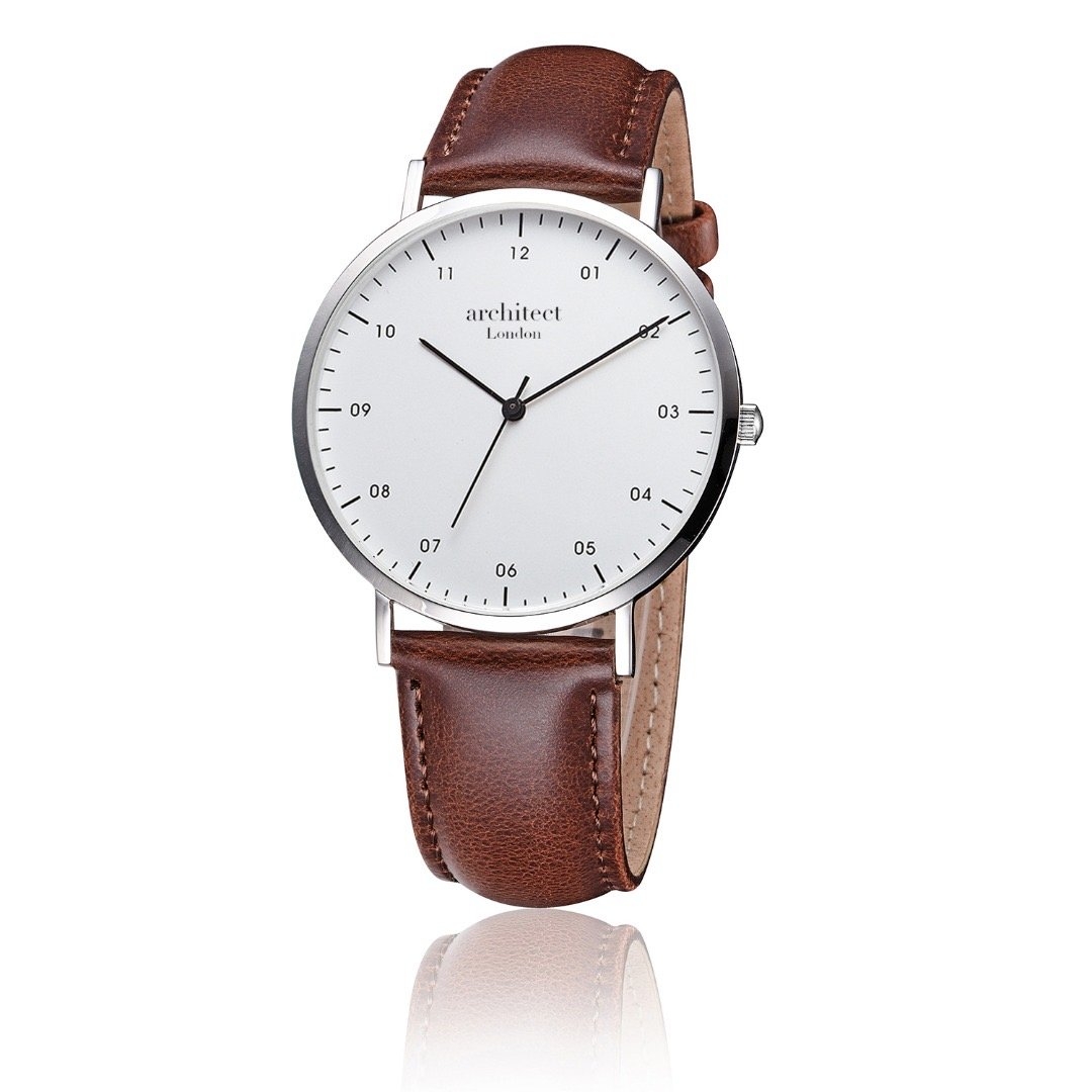 Modern Font Engraving – Men’s Architect Zephyr – Walnut Strap – Genuine Leather / Stainless Steel – Architect Watches