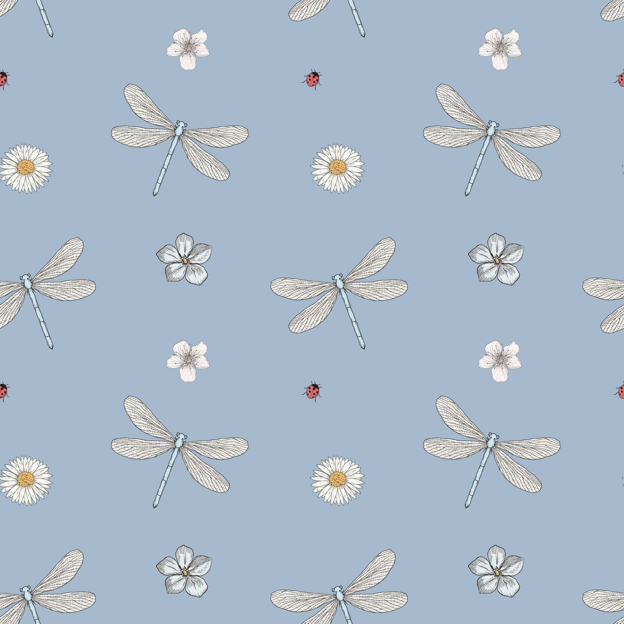 Childrens wallpaper Dragonflies Ladybirds and Flowers Luxury Material Pastel Pink YES please (+£15) – Childrens Personalised Wallpaper – Edie Lou