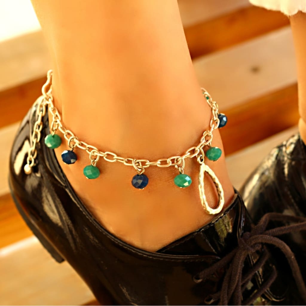 Turquoise Bead Anklet Adjustable – Antique Silver – Ezavision