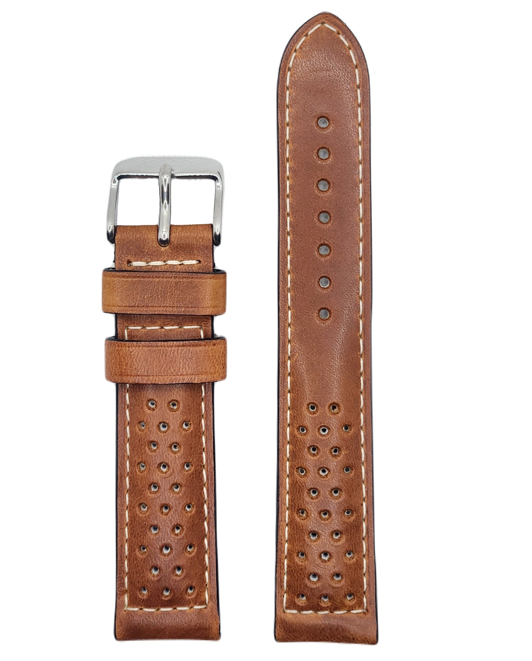Perforated Leather Watch Band Tan | White Stitch- 22mm – Strapped For Time