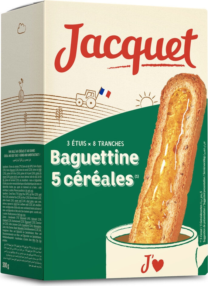 Baguettines 5 céréales 24 tranches – Cereals baguette-shaped toasts x24 – Jacquet,300g – Chanteroy – Le Vacherin Deli
