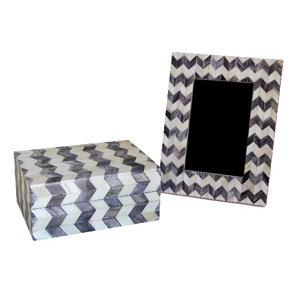 Knobbles & Bobbles – Box And Frame Set – Grey – Chevron Pattern – Bone Inlay / Wood – 17.5 x 7.5 x 13cm – Variant 23576