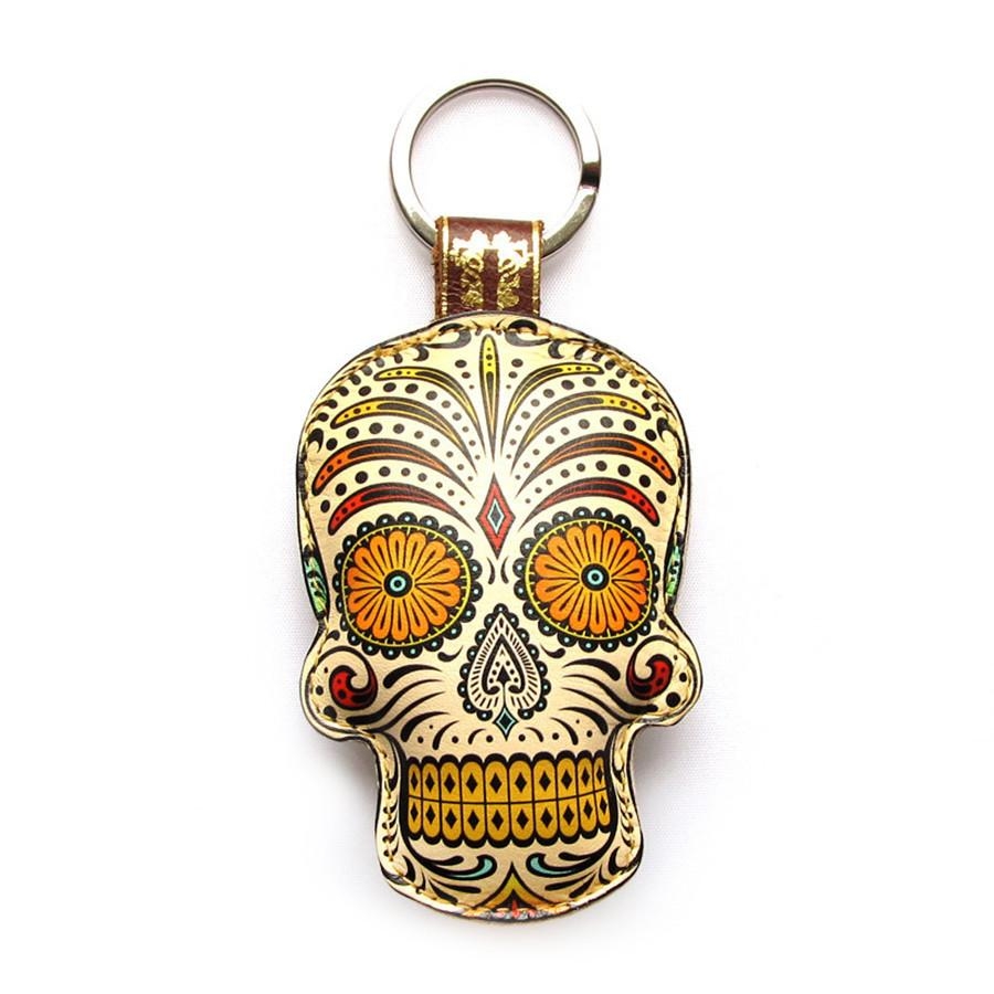 Leather Sugar Skull Key Chain / Key Ring – Third Eye – Orange