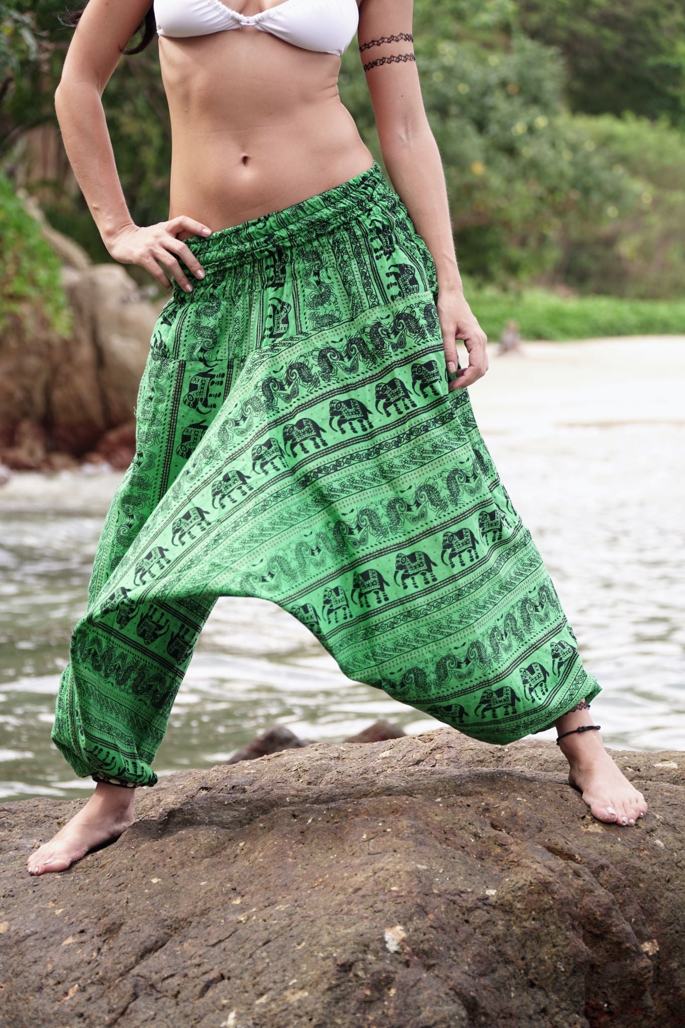 Harem Pants – Tribal Elephant Print – Green – The Karmic Chameleon