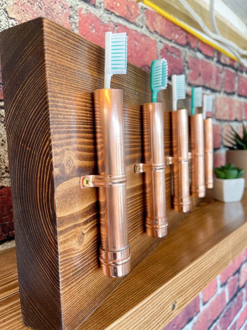 Copper Pipe Toothbrush Holder – Rustic Oak – 5 Holders