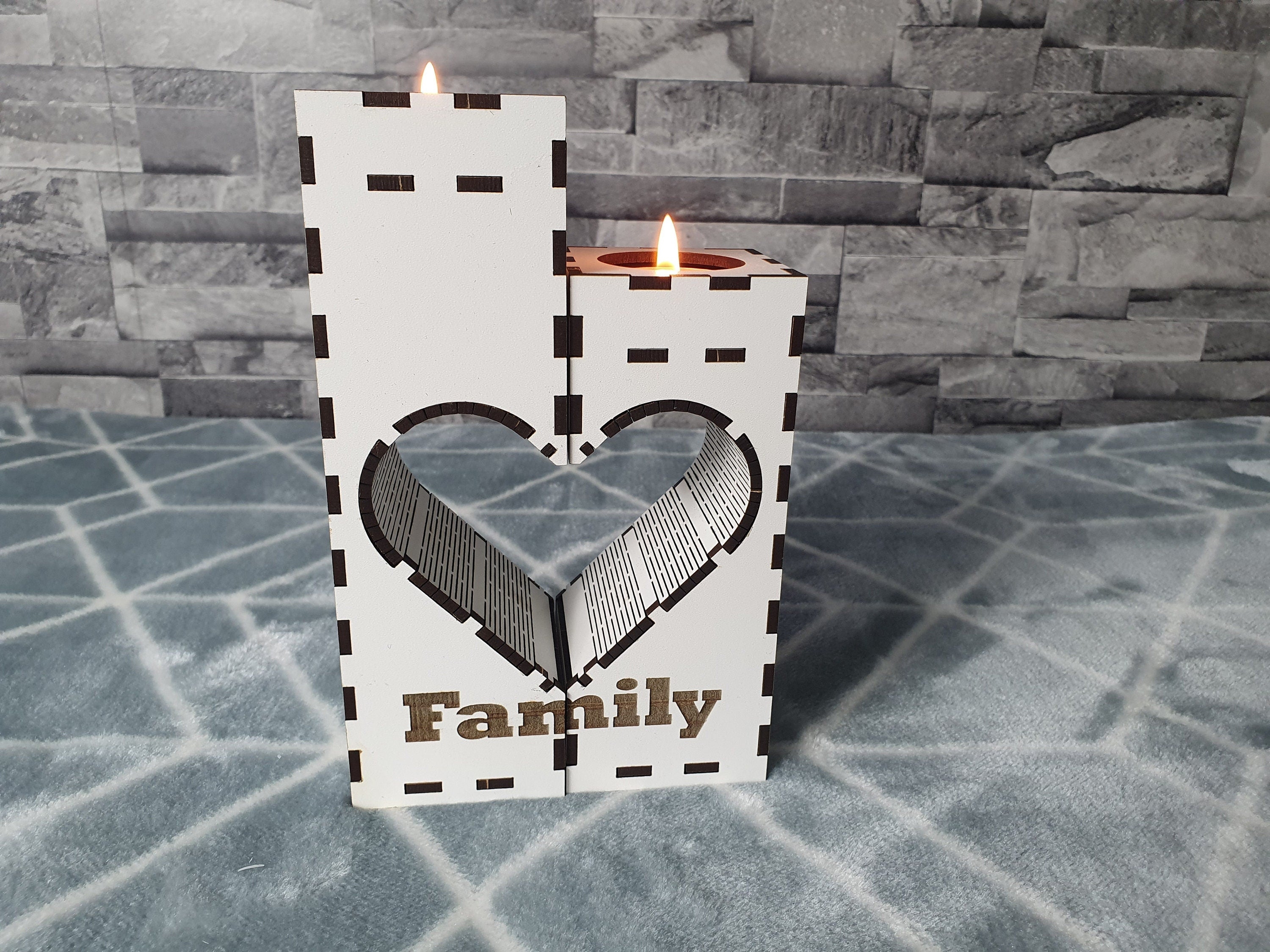 Family Engraved tea light holder double heart shape white – Forth Craft & Designs