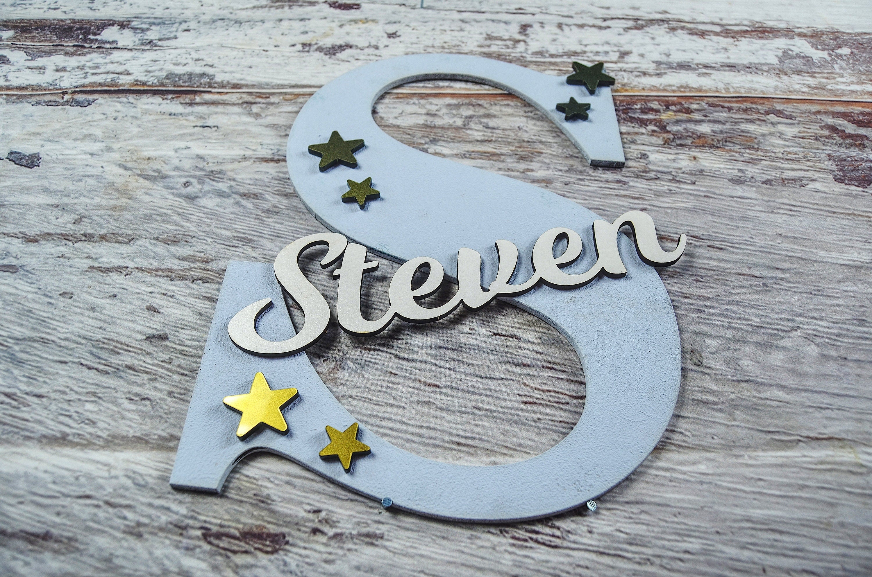 Personalized Letter Name Sign – Custom Wall Decor – 30 – sky blue with flower – holes – Forth Craft & Designs