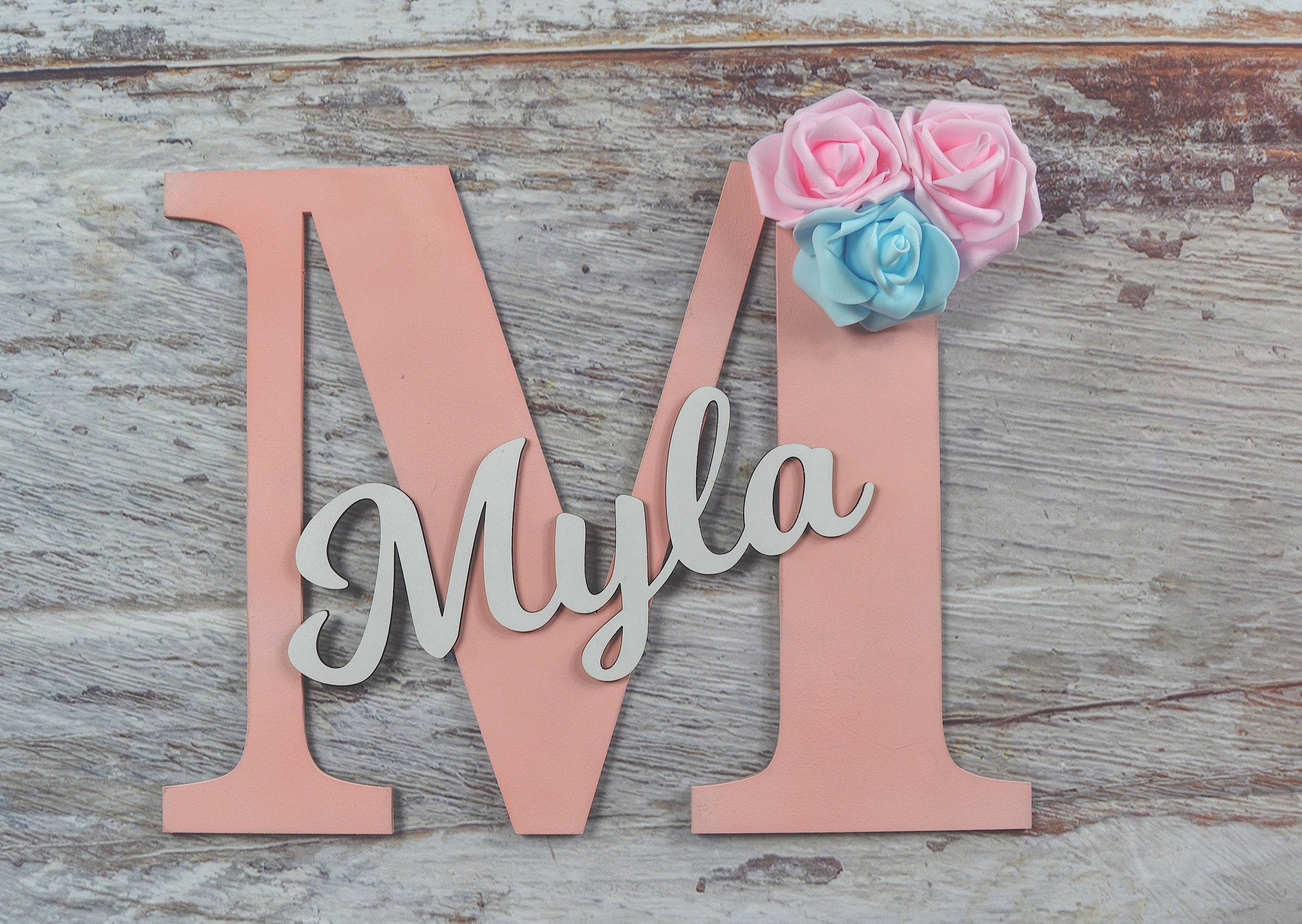 Personalized Letter Name Sign – Custom Wall Decor – 50 – Ink blue with flower – holes – Forth Craft & Designs