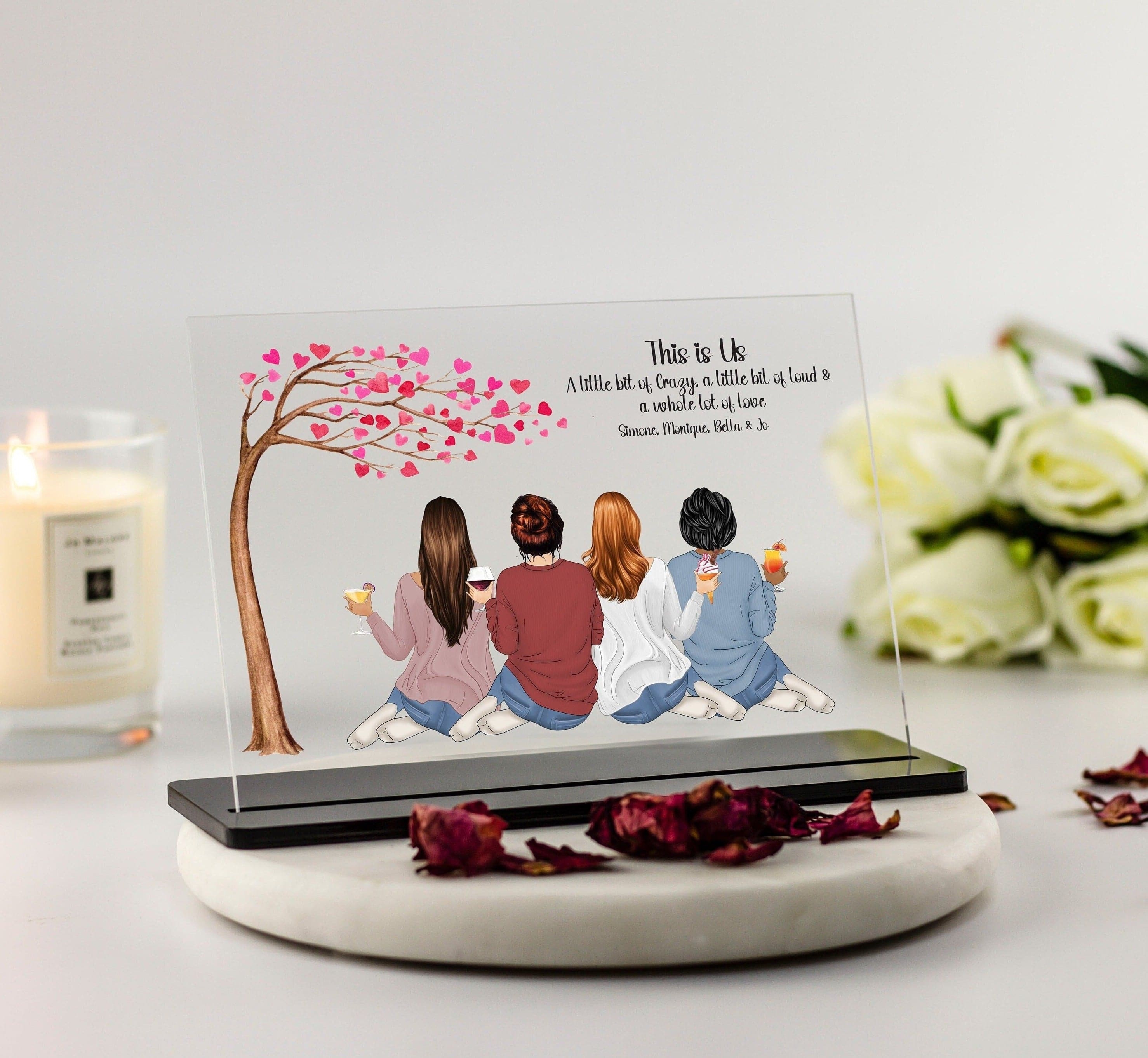 4 People Portrait Personalised Group Illustration Print Acrylic Plaque – Love Heart Tree + This is Us 4 ppl A5(14.8x21cm) – Black Acrylic Stand –