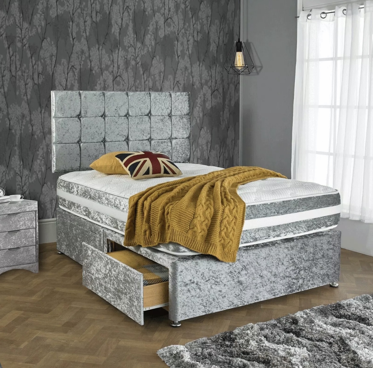 Eli Crushed Velvet Divan Bed – Silver – Single, Small Double, Double, King & Super King Available – Headboard & Mattress
