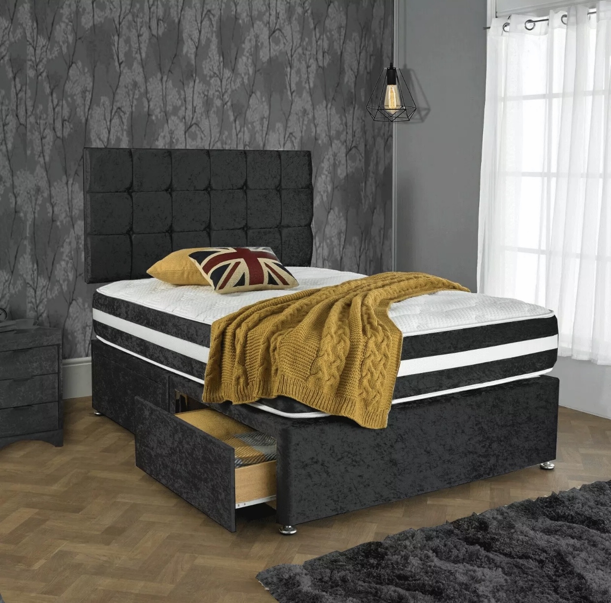 BedsDivans – Stardom Crushed Velvet Divan Bed – Black – Single, Small Double, Double, King & Super King Available – Optional Headboard & Mattress