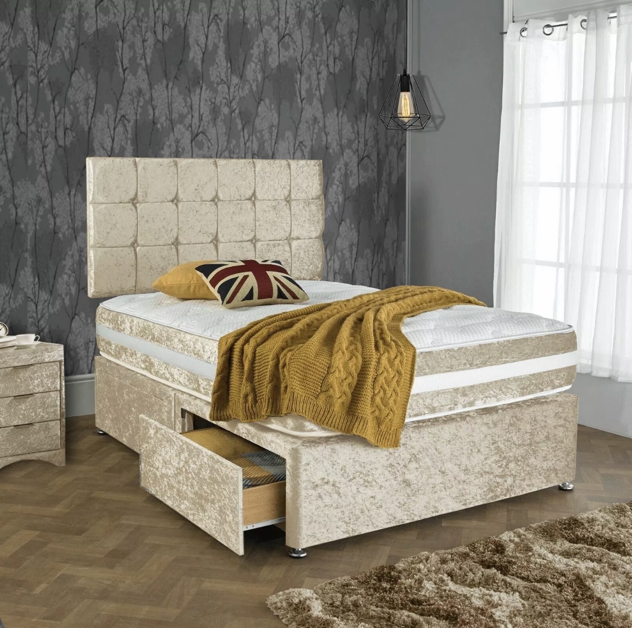 BedsDivans – Rosette Golden Crushed Velvet Divan Bed – Champagne – Single, Small Double, Double, King & Super King Available – Optional Headboard & Mattress