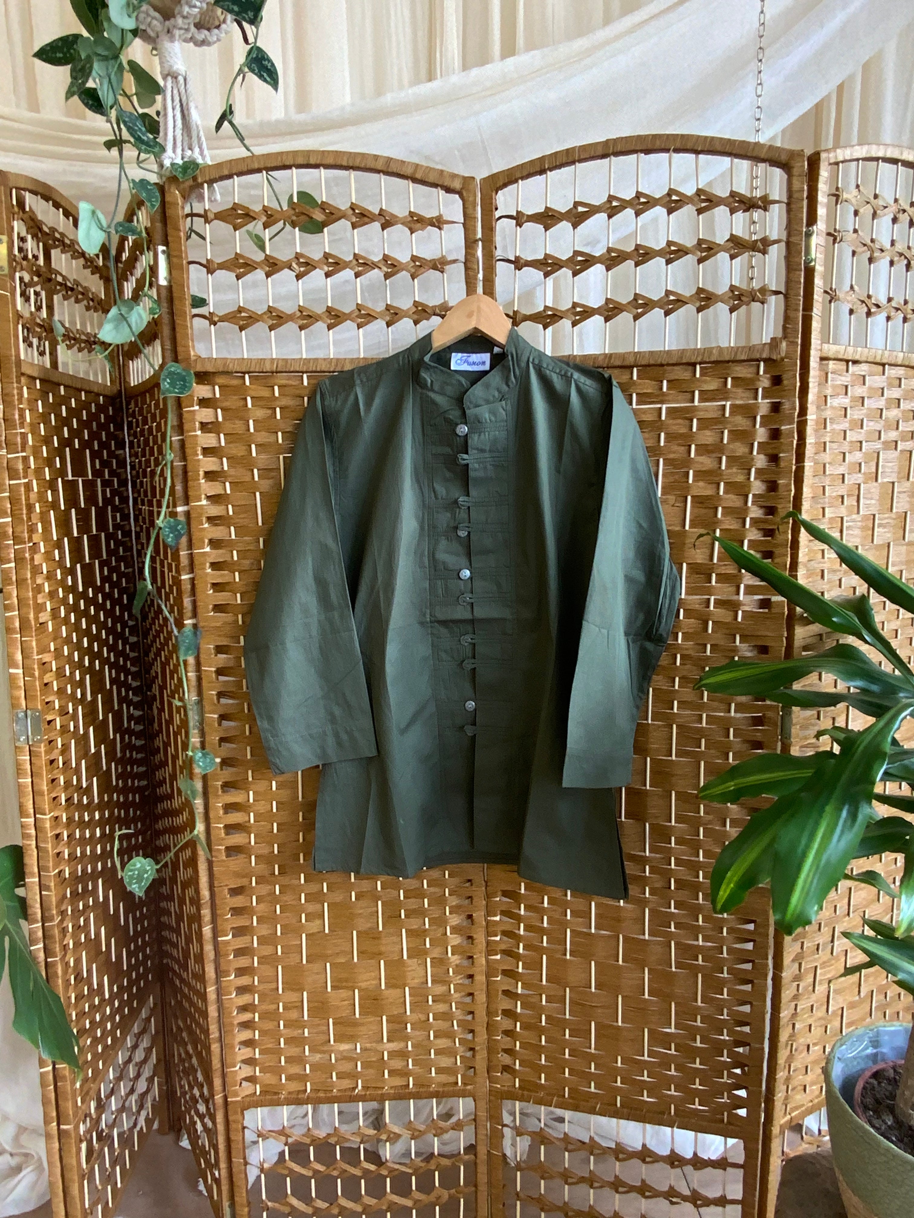 Mandarin Button Cotton Shirt S / Khaki Green – Portobello Vintage Market
