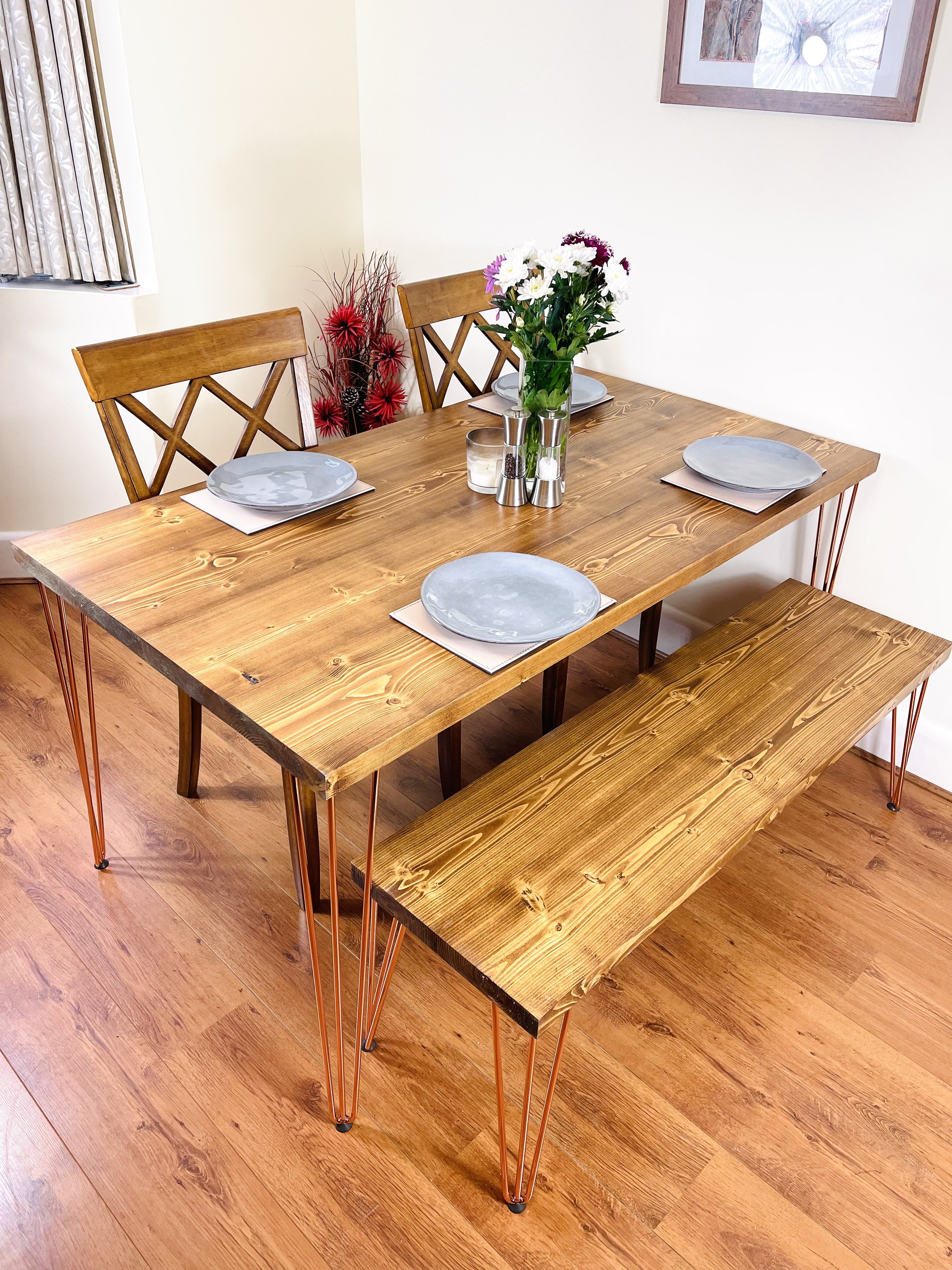 Dining Table & Bench Set with Hairpin Legs In Shiny Copper – Black or Clear Coat – 210cm + 2 Benches