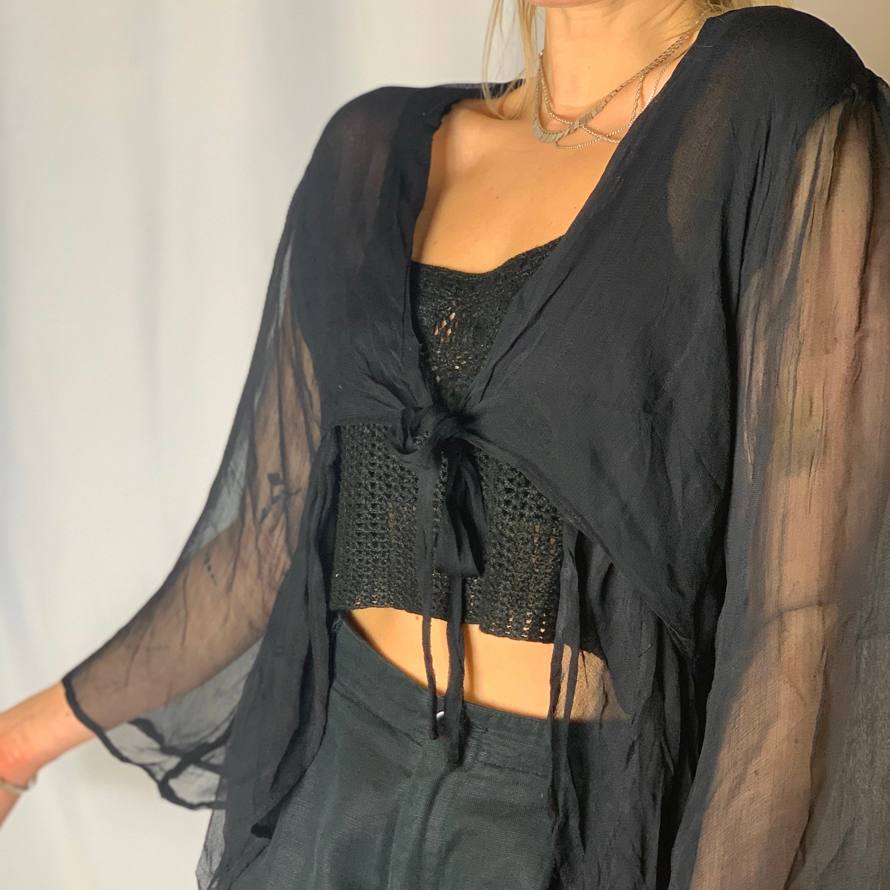 Tie Up Chiffon Cardigan Top Black – Portobello Vintage Market