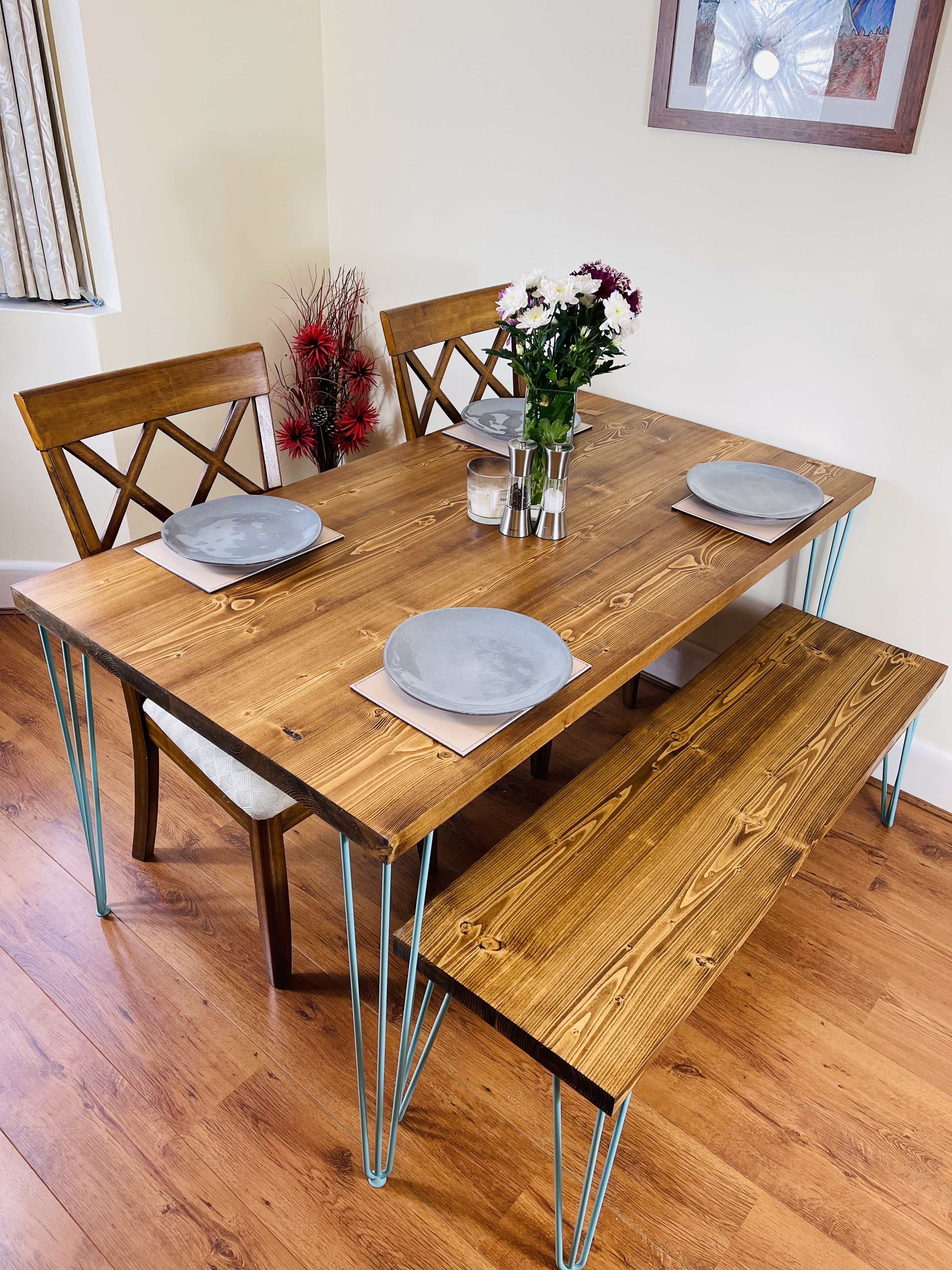 Funky Dining Table & Bench Set – Hairpin Leg Funky Range – 210cm + 2 Benches