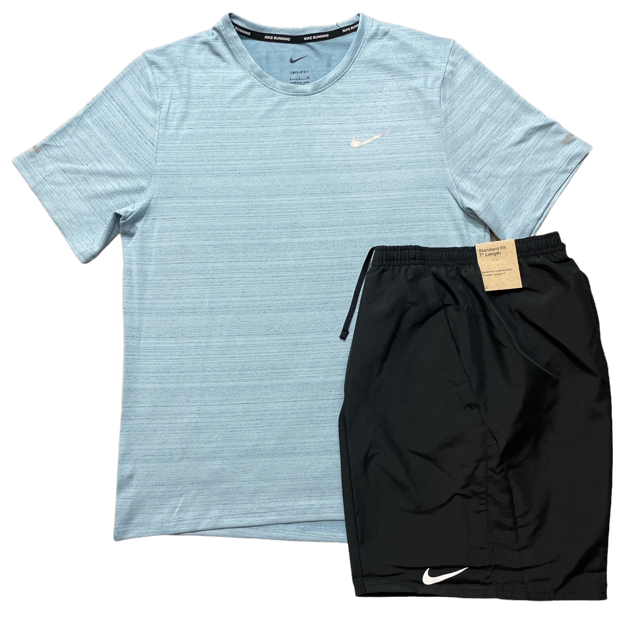 NIKE 2.0 MILER TSHIRT – CHALLENGER FLEX SHORTS FULL SET – LIGHT WORN BLUE – BLACK XL – S – SGN Clothing