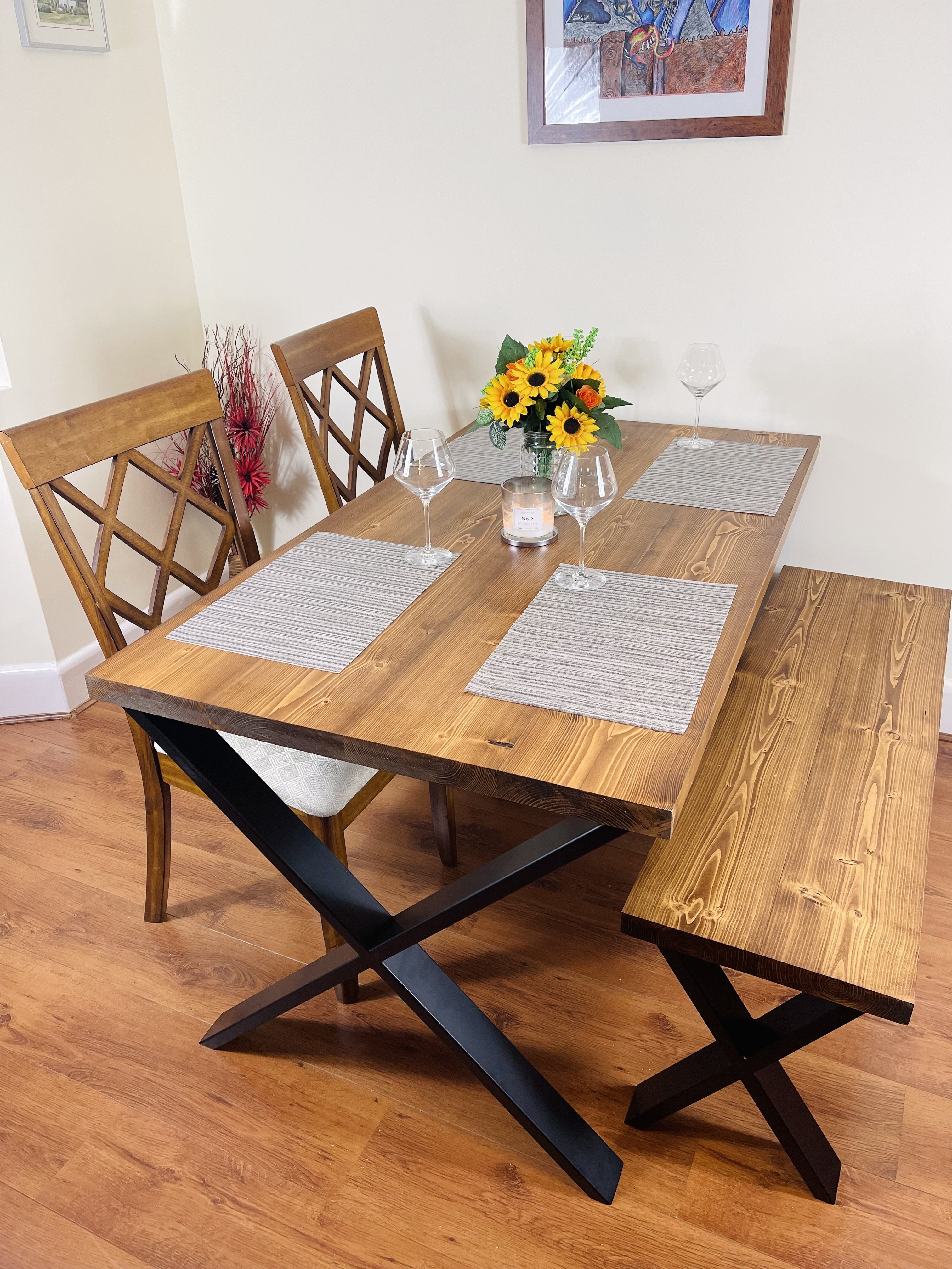 Dining Table-Table & Bench Set with Steel X-Frame Legs – 210cm + 1 Bench