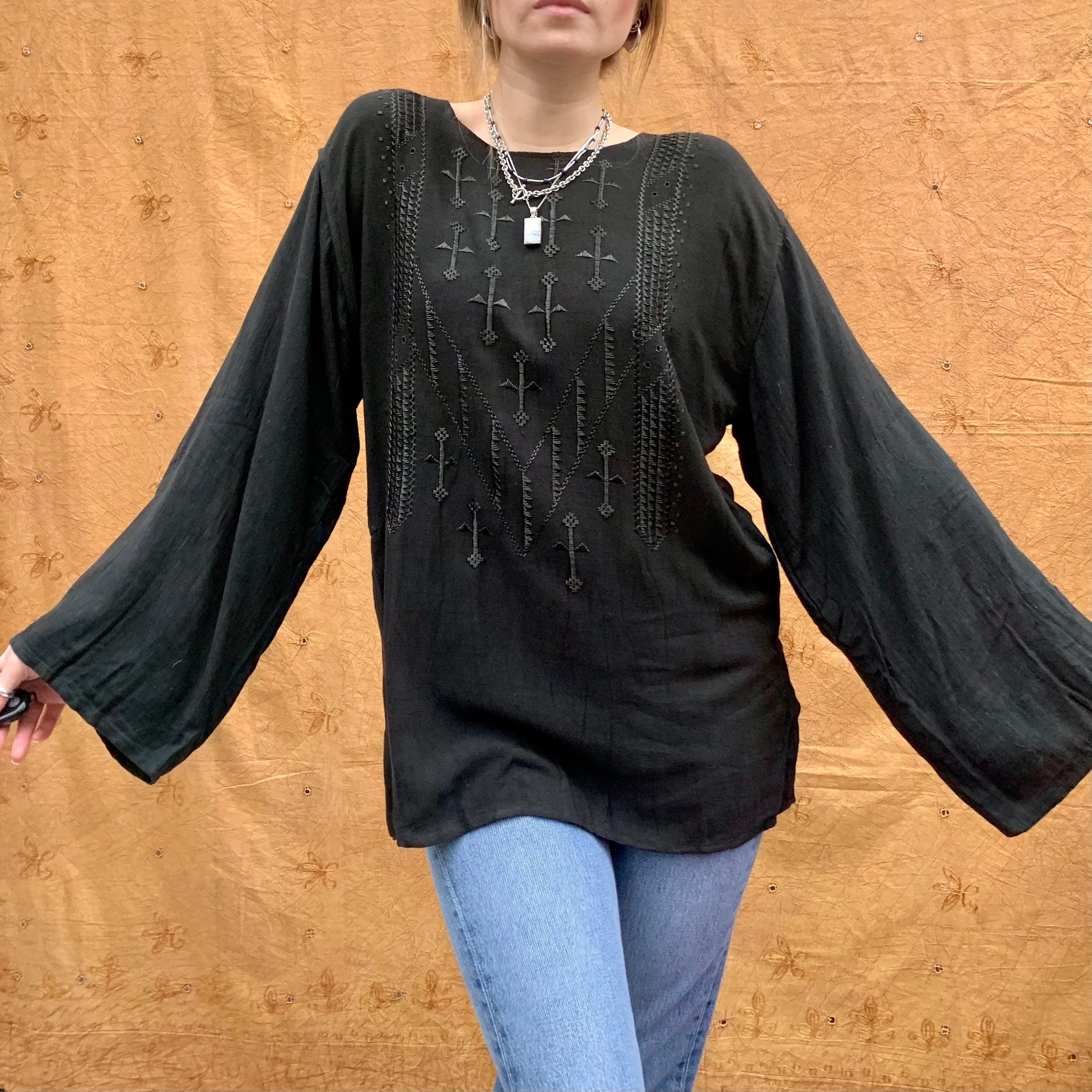 Black Afghan Kandari Top Medium / Floral – Portobello Vintage Market