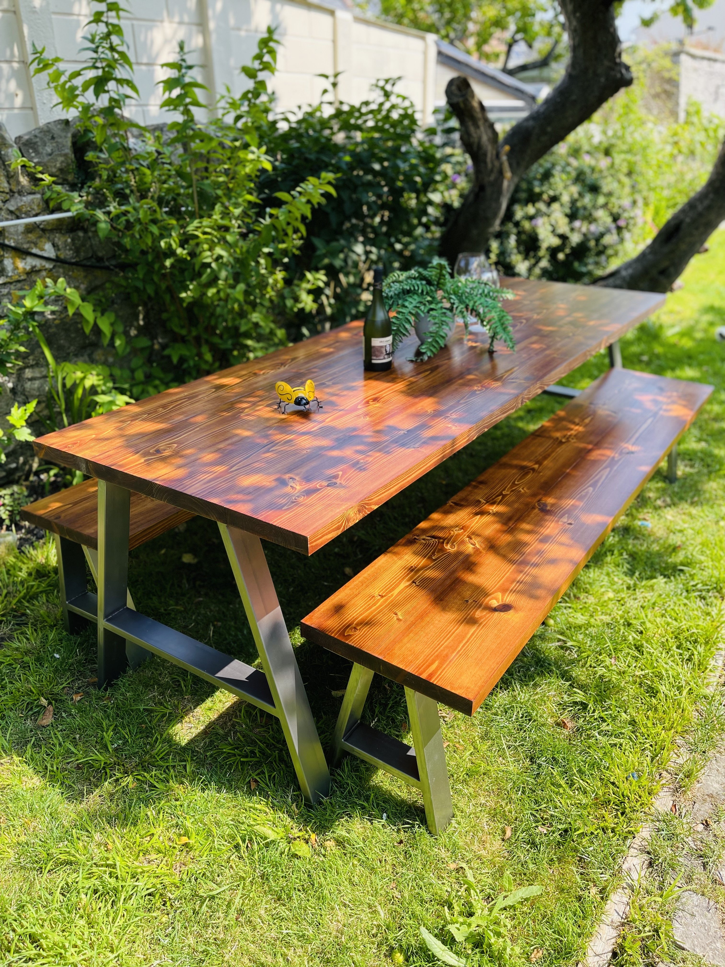 Garden Table & Bench Set With Steel A-Frame Legs – 210cm & 2 Benches