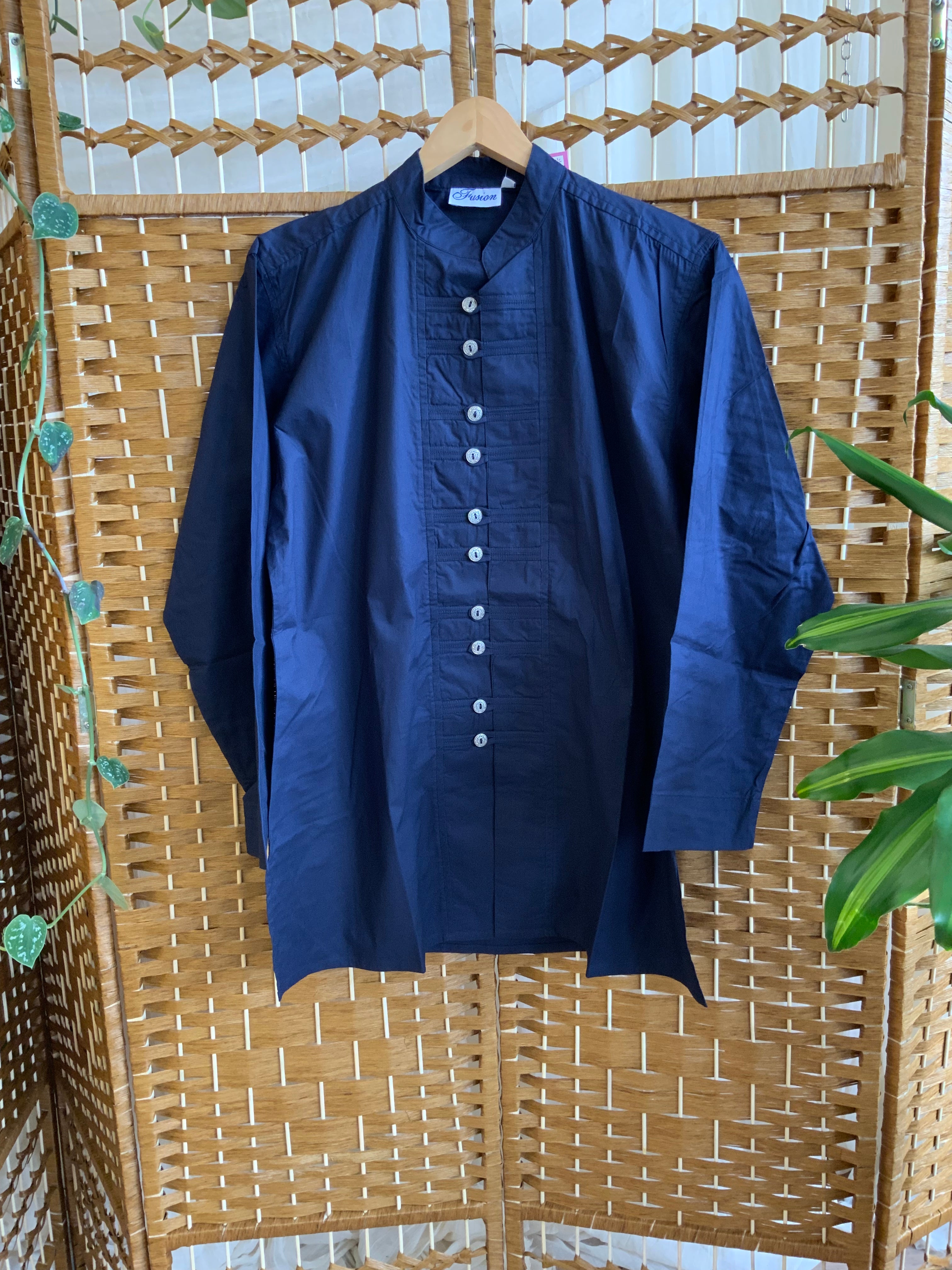 Mandarin Button Cotton Shirt M / Dark Blue Navy – Portobello Vintage Market