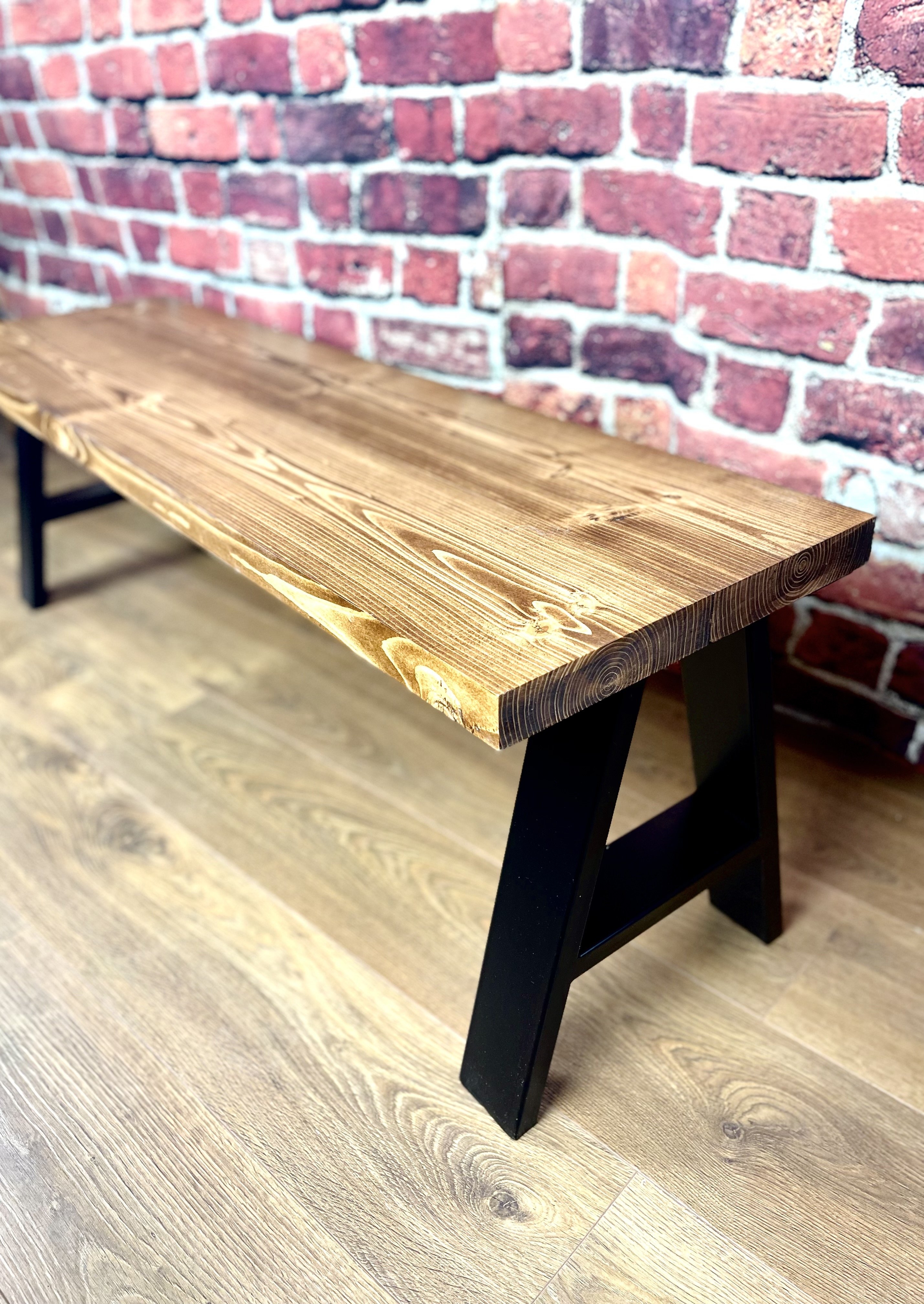 Solid Dining Table Bench with Steel A-Frame Legs – 250cm – Dark Oak