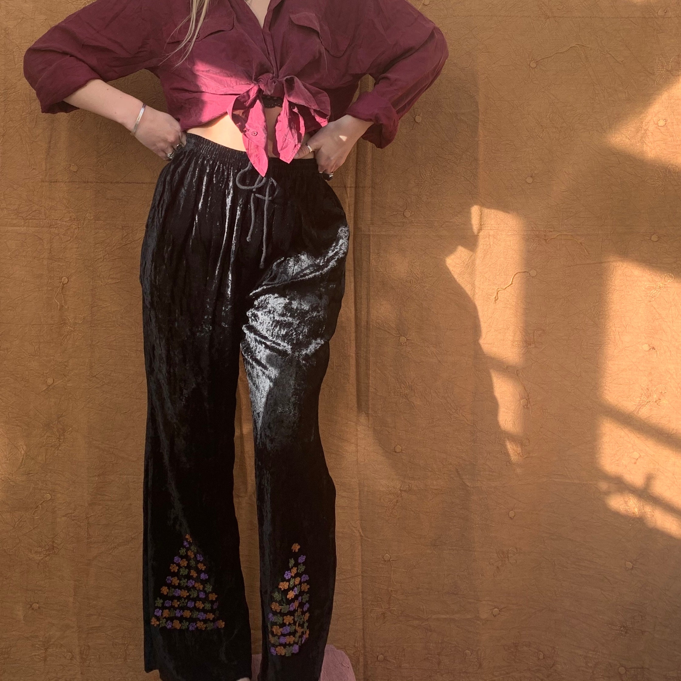 Velvet Wide Leg Floral Embroidered Trousers Black – Portobello Vintage Market