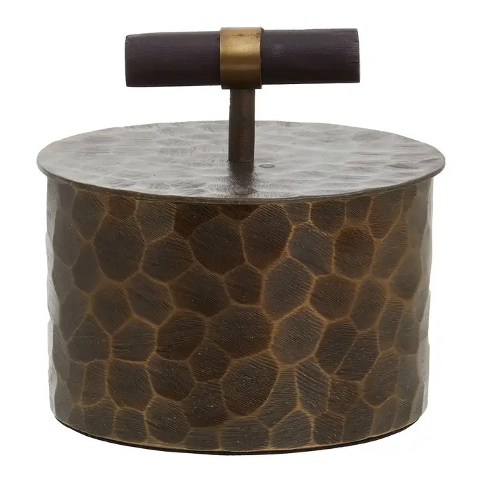 Aki Large Trinket Box – Antique Gold Hammered Metal With Wooden Handle – Small – Luxury Interior Furniture – Viano