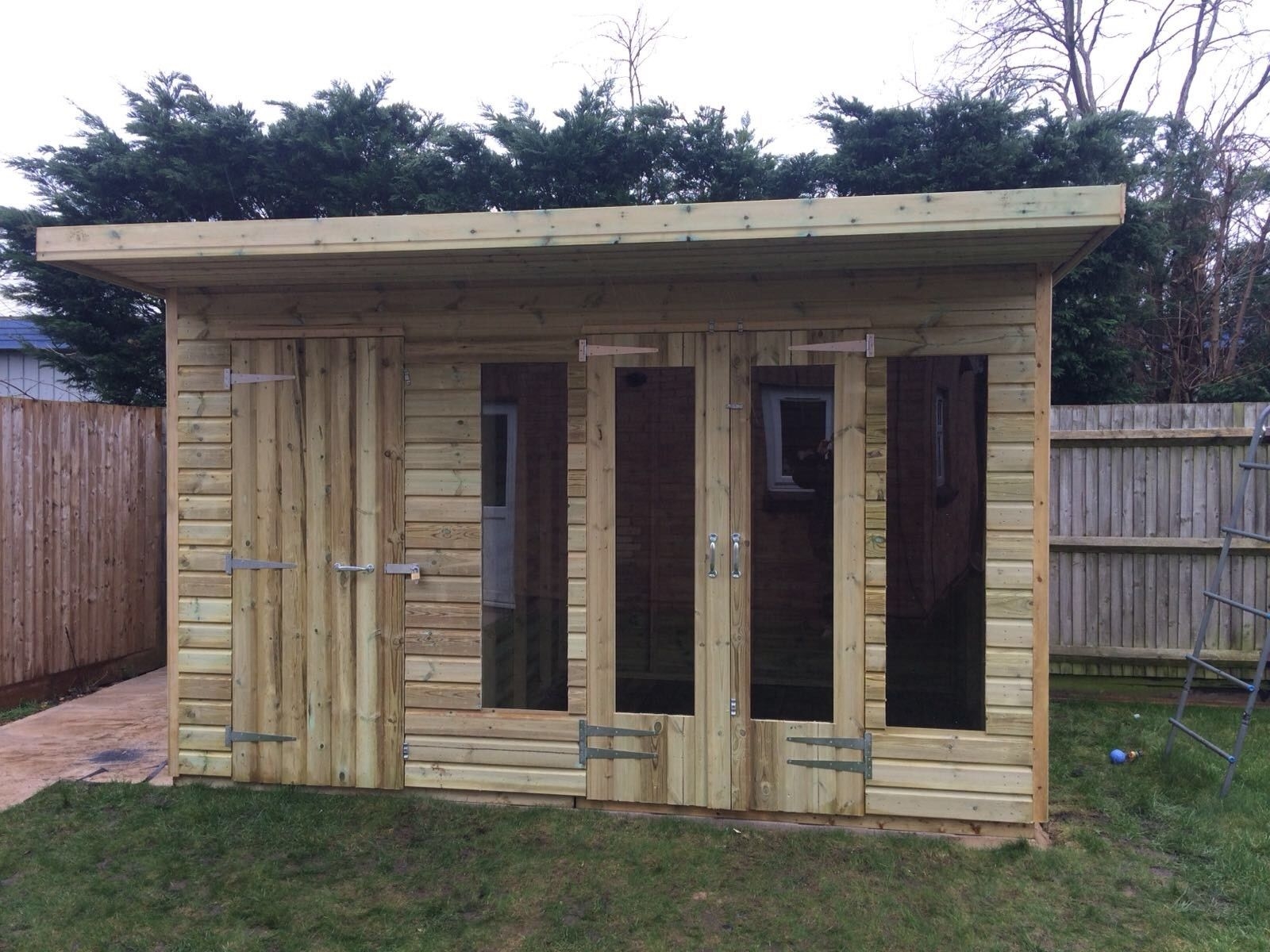 12 x 8ft Wooden Garden Summerhouse Groove Roof Shed 19mm Tanalised Combi 2ft Canopy