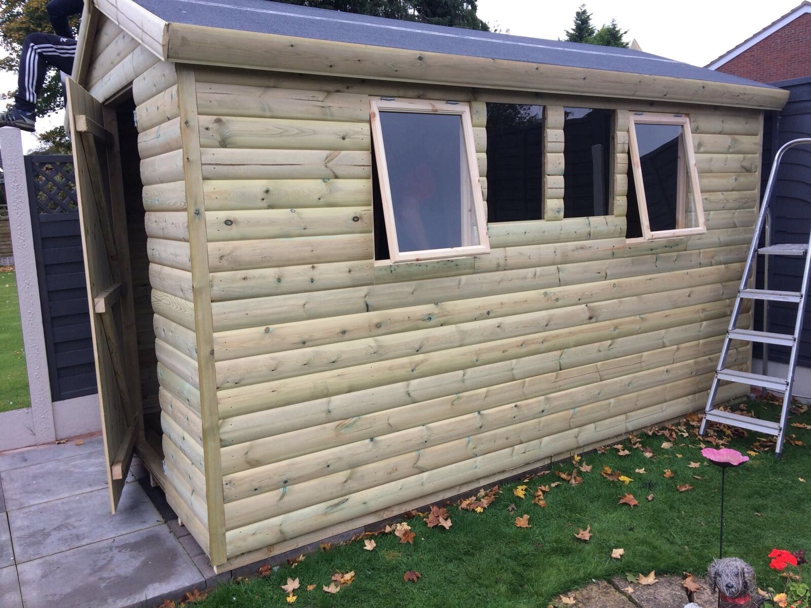 12 x 8ft Wooden Garden Tanalised Summerhouse Log Lap With 2′ Canopy Tapered Sides