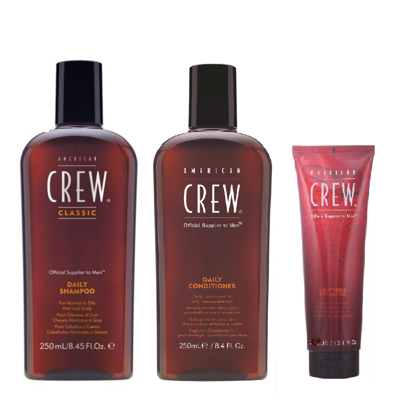 American Crew Daily Shampoo 250ml, Conditioner 250ml and Light Hold Gel 390ml