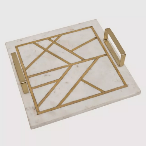 Amara Square Marble Tray With Brass Metal Inlay