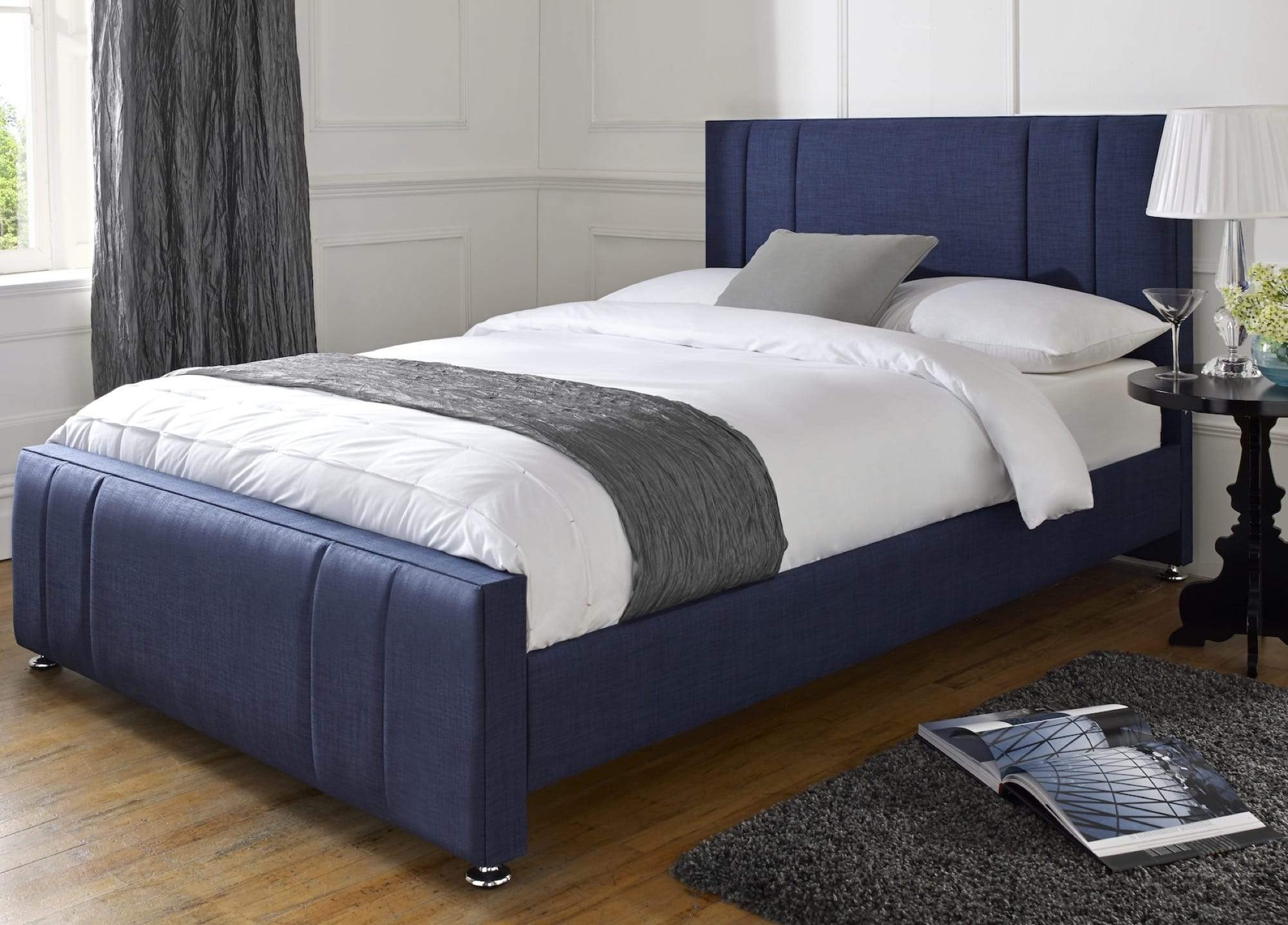 Portabello – Modus Double Bed – Blue House Linen  Memory Foam Matress – High Quality Linen – Blue – Verticle Lines – Double 112 X 140 X 208 cm