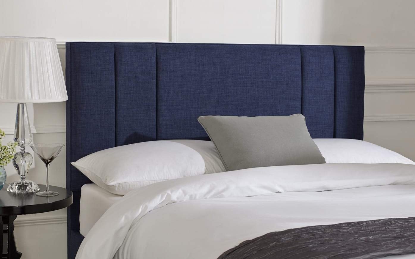 Portabello – Modus Double Headboard – Blue House Linen 122cm Floor Standing – High Quality Linen – Blue – Verticle Lines – Double 112 X 140 X 8 cm