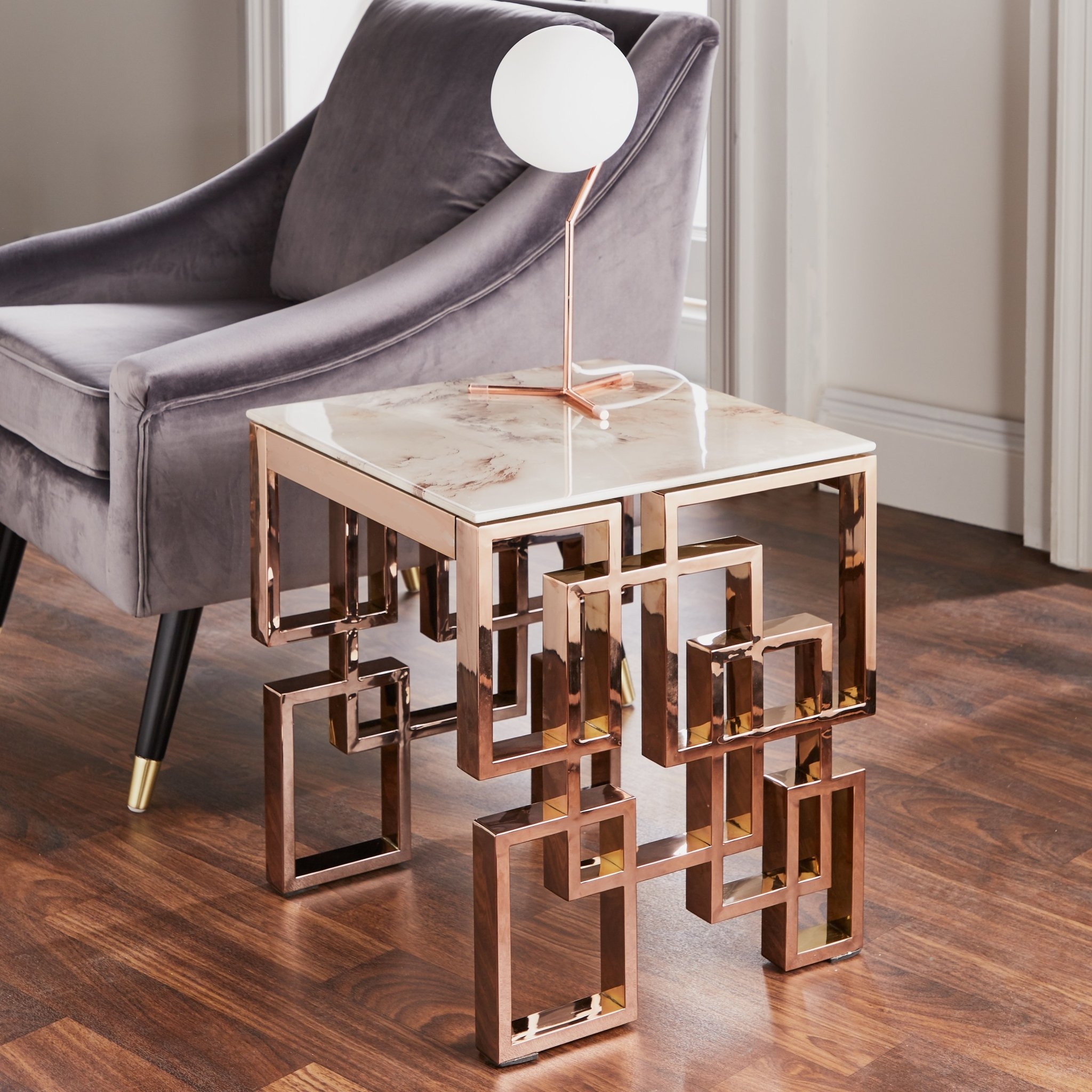 Marble Glass Rose Gold Side Table by Native Home & Lifestyle – Furniture & Homeware – The Luxe Home