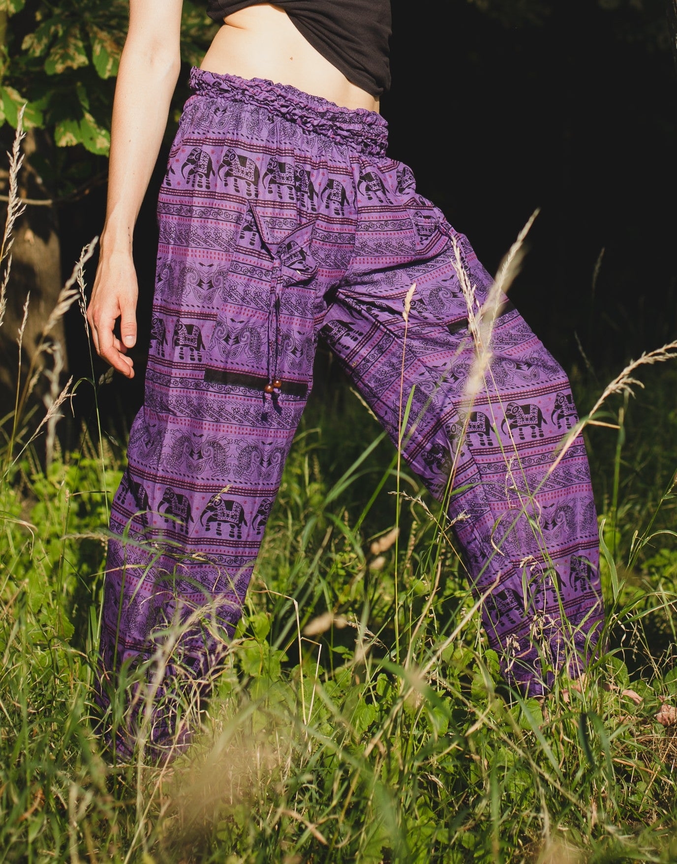 High Cut Harem Pants – Tribal Elephant Print – Purple – One Size: Plus – The Karmic Chameleon