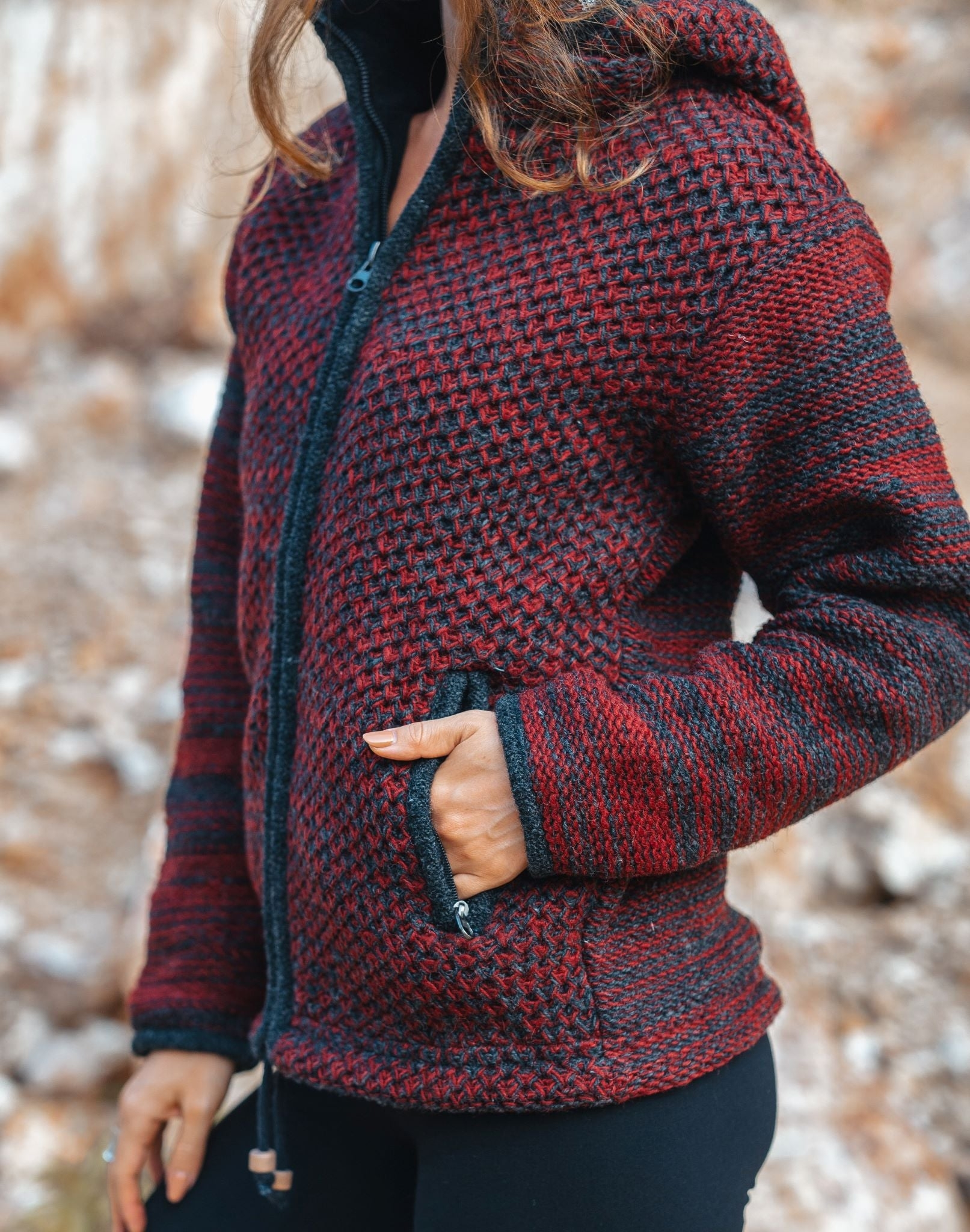 Wool Jacket – Eyelet Pattern – Maroon – Small – The Karmic Chameleon