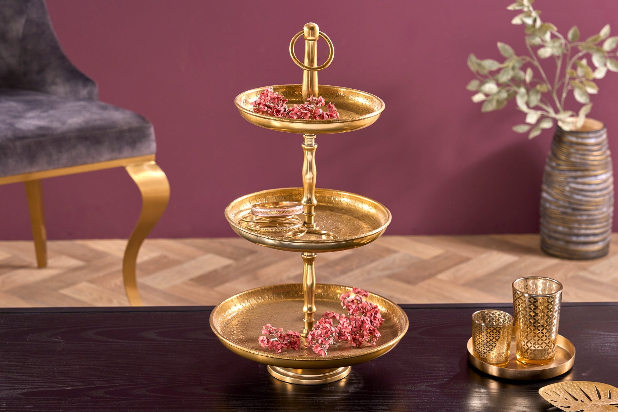 Three Tier Cake Stand Orient 47cm Hammered Aluminium Gold – Creation Furniture