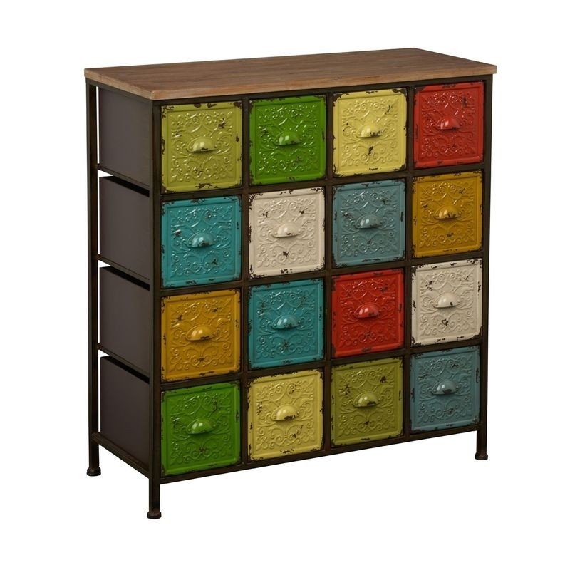 Metal and Wood Distressed  Cabinet with 16 Coloured Drawers