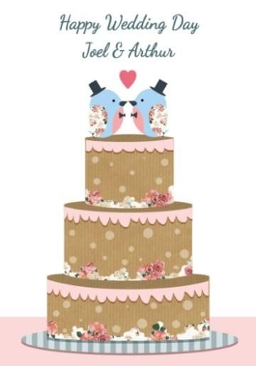 Modern Cute Illustration Love Birds Wedding Cake Personalised Same Sex Male Wedding Card