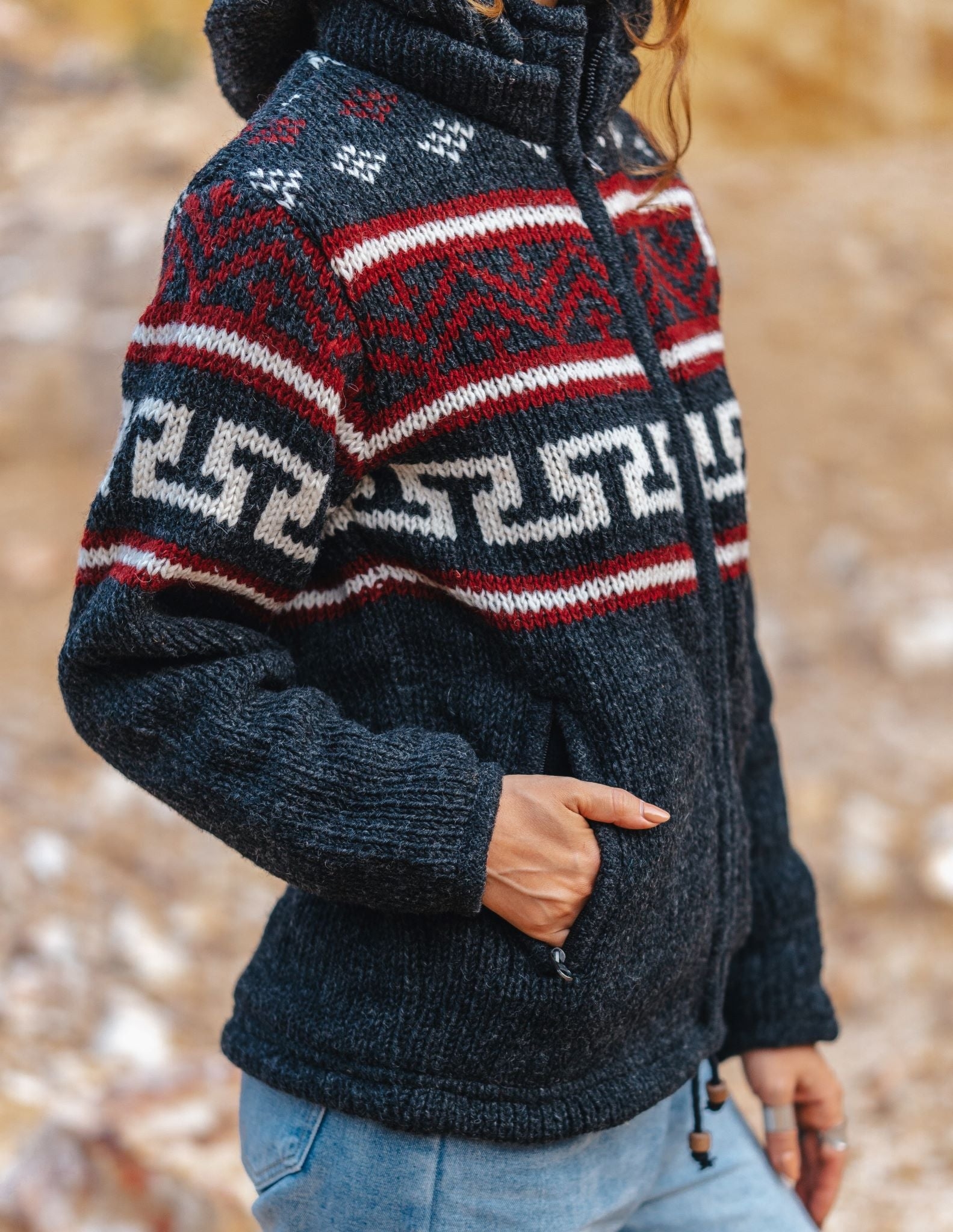 Wool Jacket – Aztec Pattern – Charcoal – Small – The Karmic Chameleon